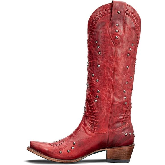 Women's Red Vintage Embroidered Western Pointed Toe Chunky Heel Zipper Boot - Picture 5 of 7